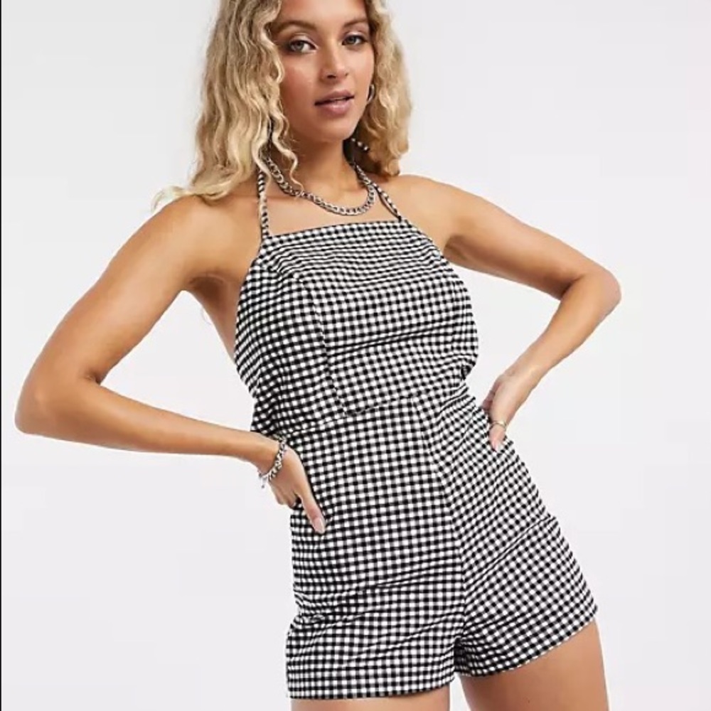 TOPSHOP Gingham Halter Romper Jumpsuit - Size Small